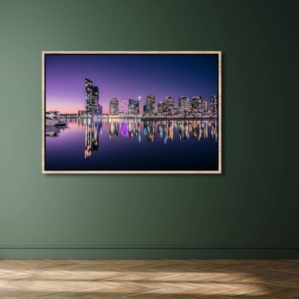 Canvas Print of Docklands Reflections, Melbourne, Victoria on Green Wall