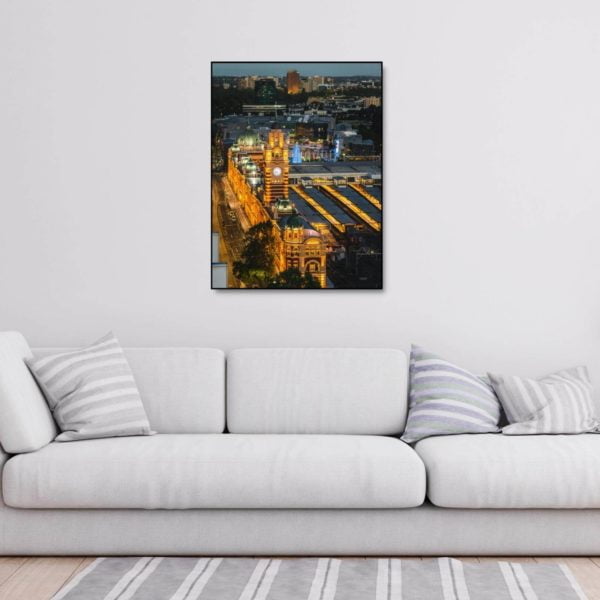 Canvas Print of Flinders Street Station, Melbourne From Above in Living Room