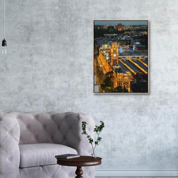 Canvas Print of Flinders Street Station, Melbourne From Above in Sitting Room