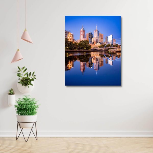 Canvas Print of Melbourne Reflection on Yarra River, Melbourne, Victoria in Living Space