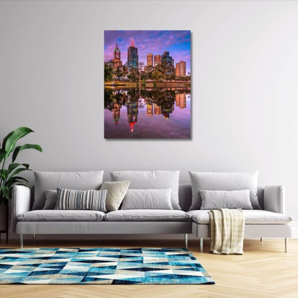 purple sunset over melbourne canvas print in living room