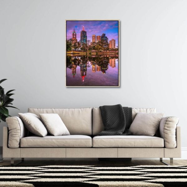 Canvas Print of Purple Sunset Over Melbourne, Victoria in Living Room
