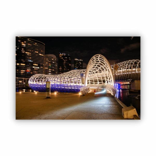 wall print decor of the Webb Bridge in Melbourne with light trail of a cyclist going through it.