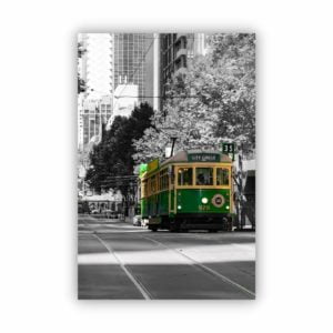 Canvas print of vintage W class Melbourne tram in black and white background with tram in colour.