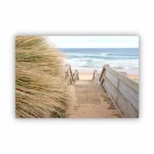 canvas print wall decor of a beach stairwell toward the beach with big waves.