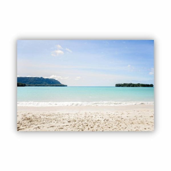 A nature photograph of a white sand beach in Vanuatu.