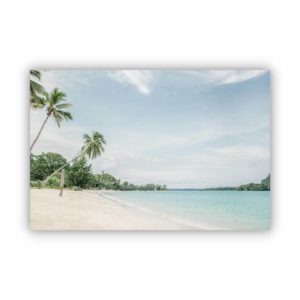 A photo for your wall decor of the white sand Orly beach with palm trees at a distance in Vanuatu.