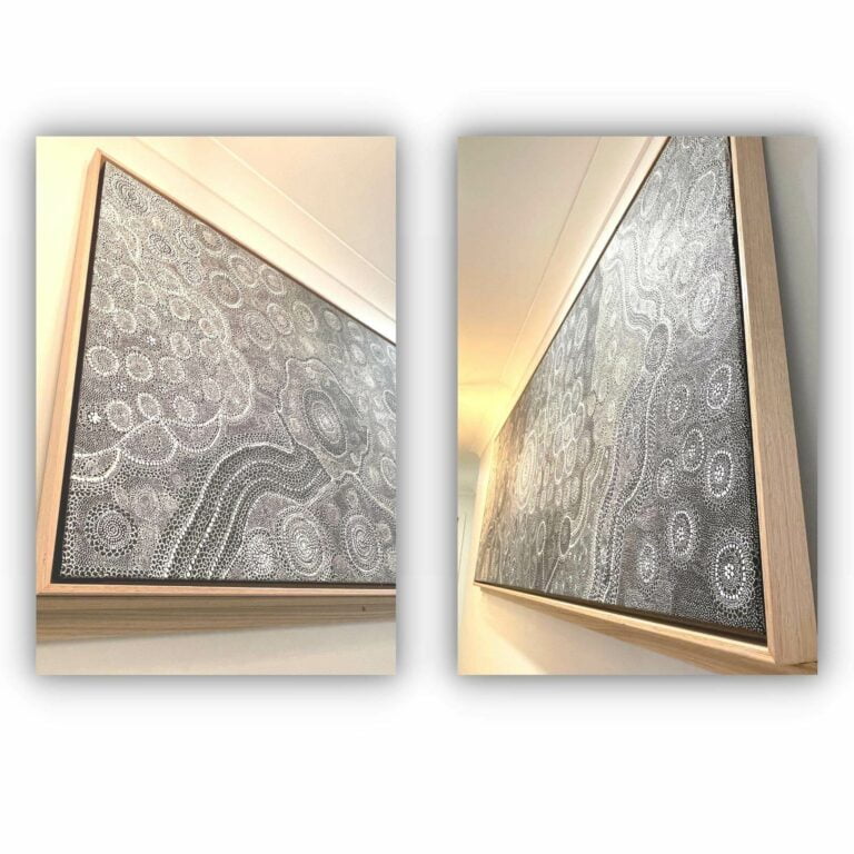 black and white aboriginal painting in raw oak frame (2)
