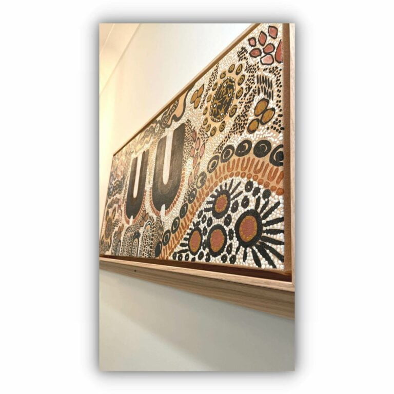 brown and orange aboriginal painting in raw oak frame (2)