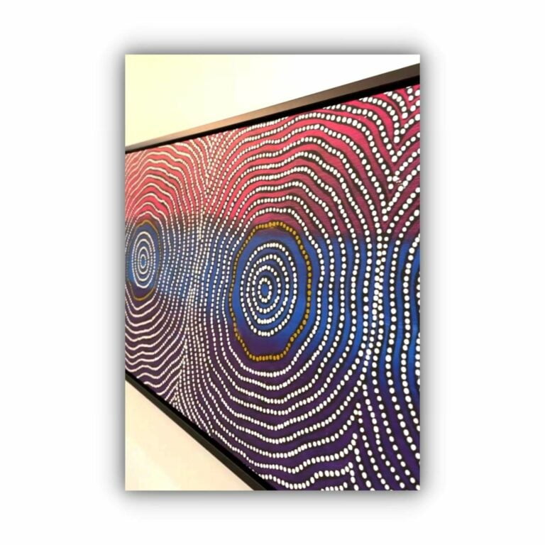 red and blue aboriginal painting in black frame (2)