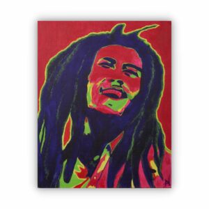 Bob Marley portrait in bold red.