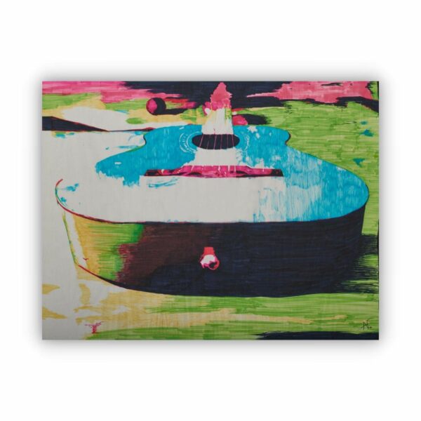 painting of a guitar in neon colours for your wall art interior decore.