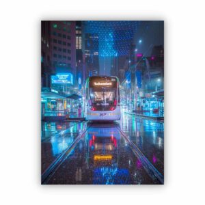 Canvas print of melbourne tram along bourke street mall in a rainy day with neon lights.