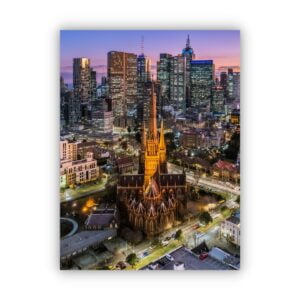 A portrait canvas print of st patricks cathedral during sunset.
