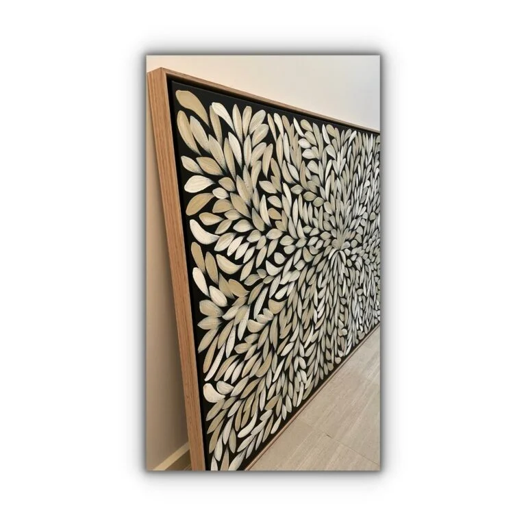 leaves painting stretched and framed in raw Australian oak floating frame