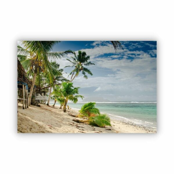 Photograph by beach with coconut tress and hut taken in Samoa island.