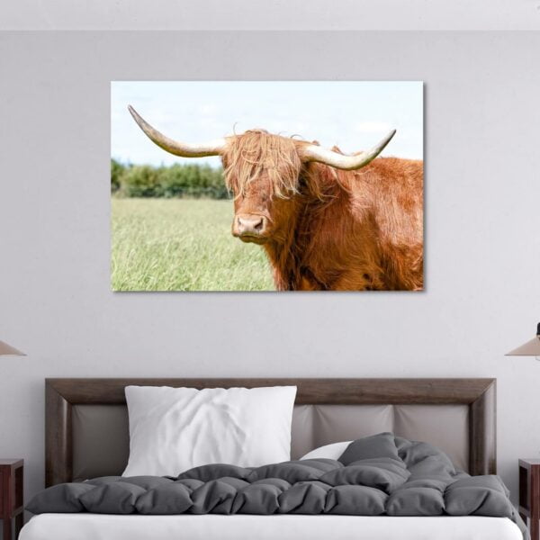 Golden brown highland cow with long white horns as an artwork.