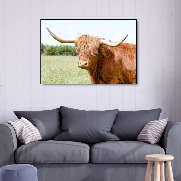 Golden brown highland cow with long white horns as an artwork.