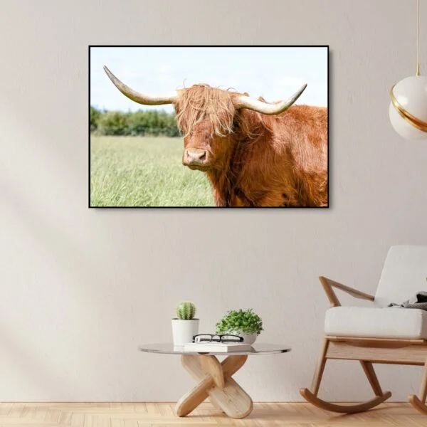 Golden brown highland cow with long white horns as an artwork.