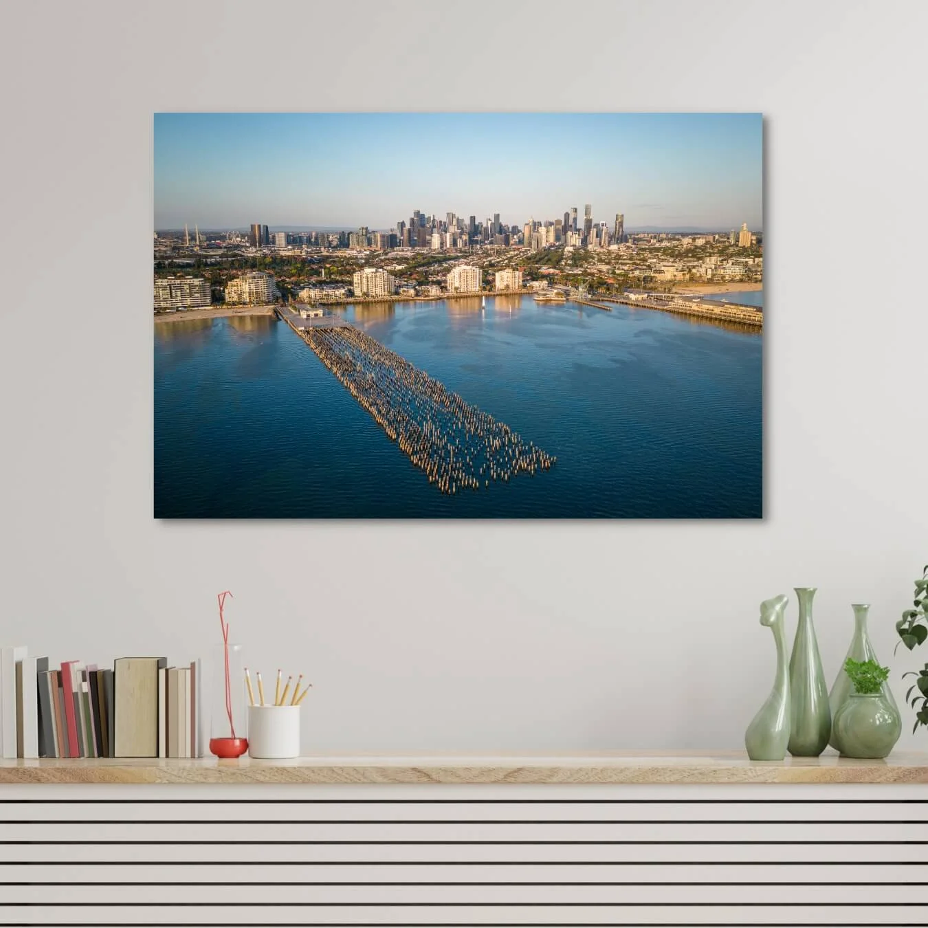 aerial photography along Port Melbourne shore with Melbourne city in the horizon.