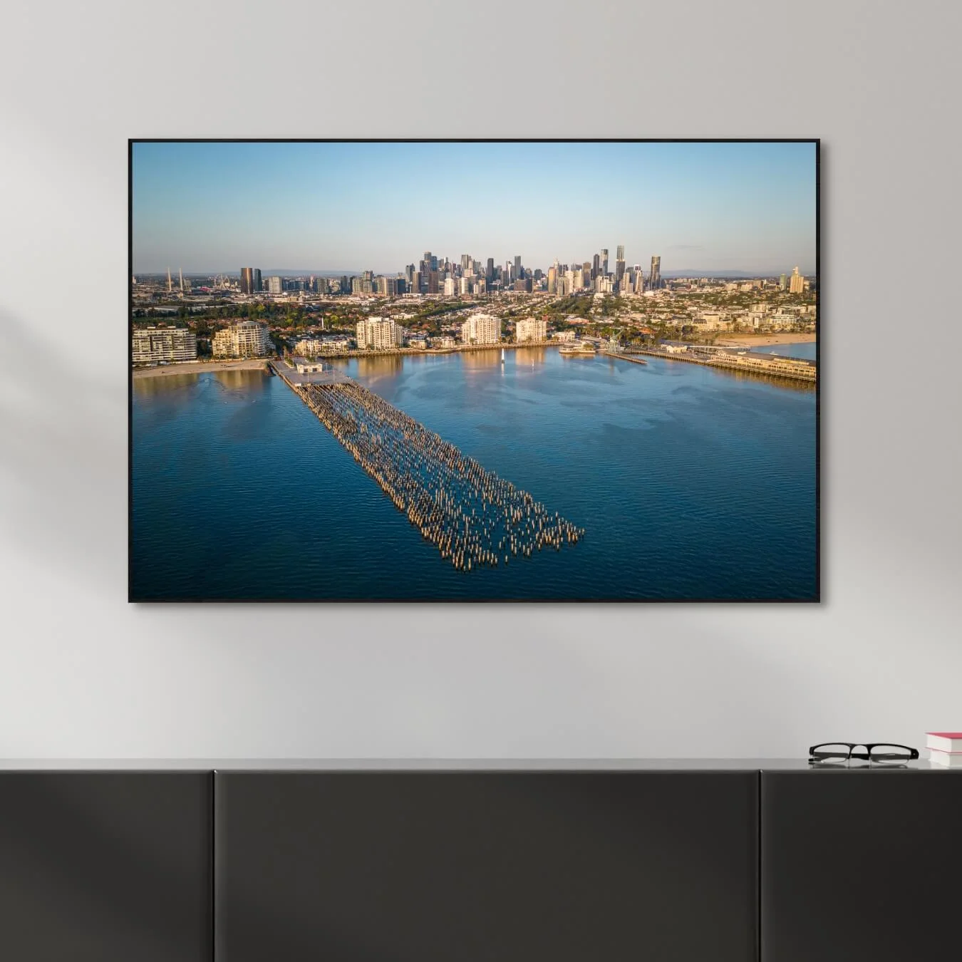 aerial photography along Port Melbourne shore with Melbourne city in the horizon.
