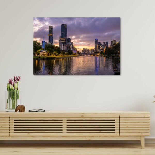 Photograph of Melbourne city at sunset with purple and blue hues perfect for a canvas print.