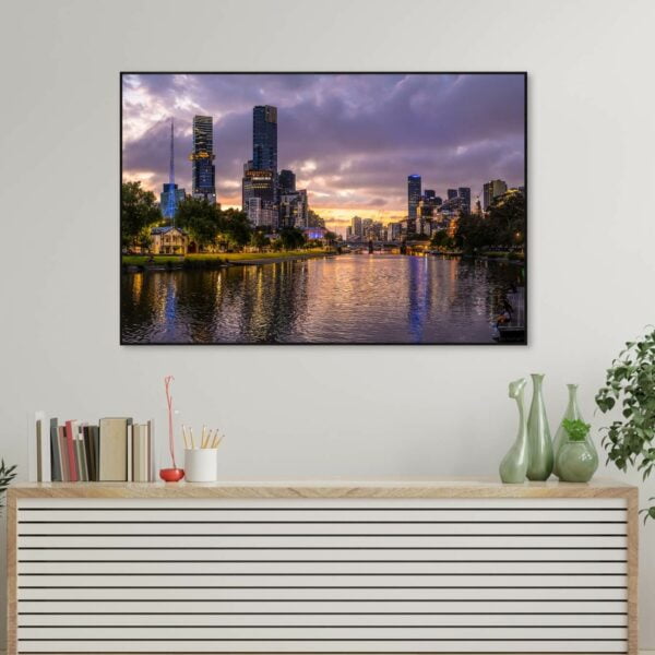 Photograph of Melbourne city at sunset with purple and blue hues perfect for a canvas print.