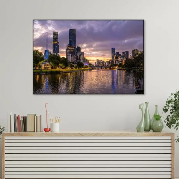 Photograph of Melbourne city at sunset with purple and blue hues perfect for a canvas print.