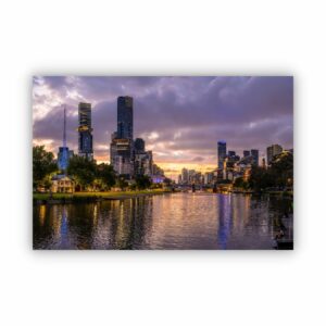 Photograph of Melbourne city at sunset with purple and blue hues perfect for a canvas print.