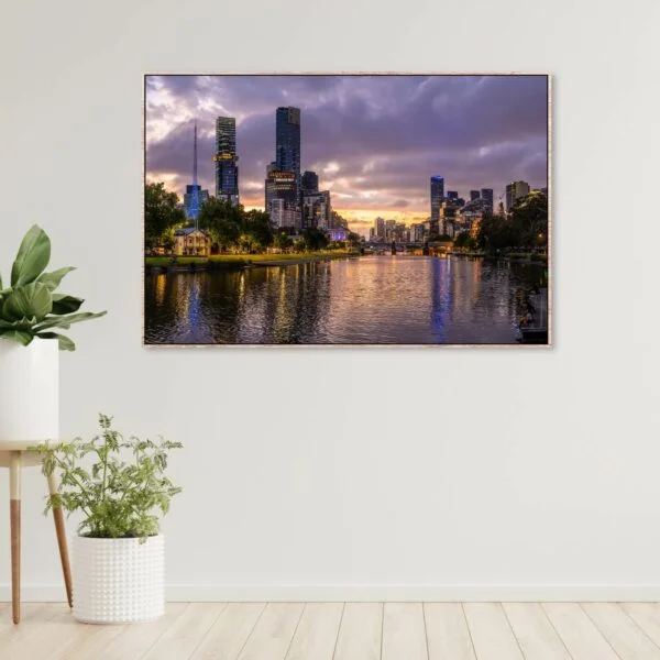 Photograph of Melbourne city at sunset with purple and blue hues perfect for a canvas print.