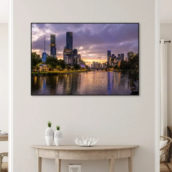 Photograph of Melbourne city at sunset with purple and blue hues perfect for a canvas print.