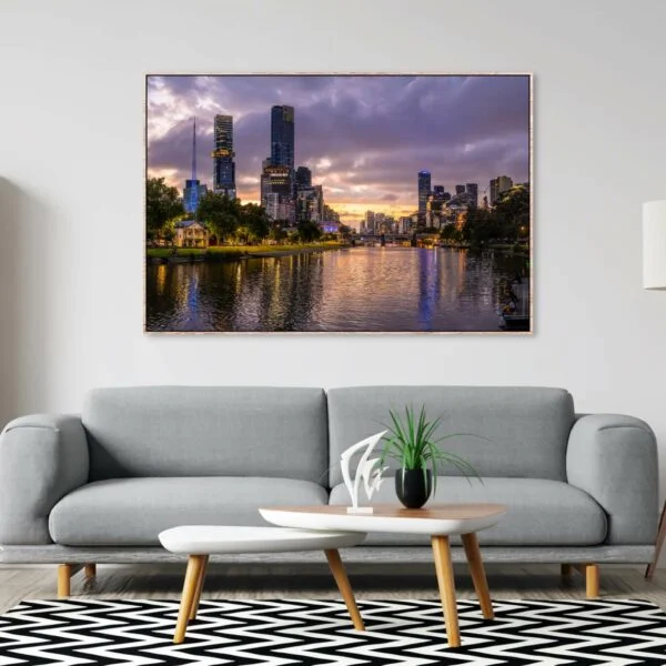 Photograph of Melbourne city at sunset with purple and blue hues perfect for a canvas print.