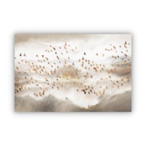 Canvas print of Flock of golden birds across the sky