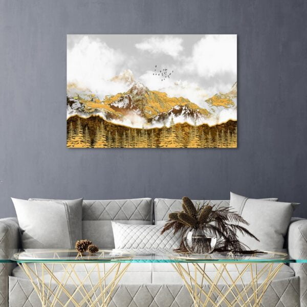 canvas artwork of golden mountains surrounded by golden tress.