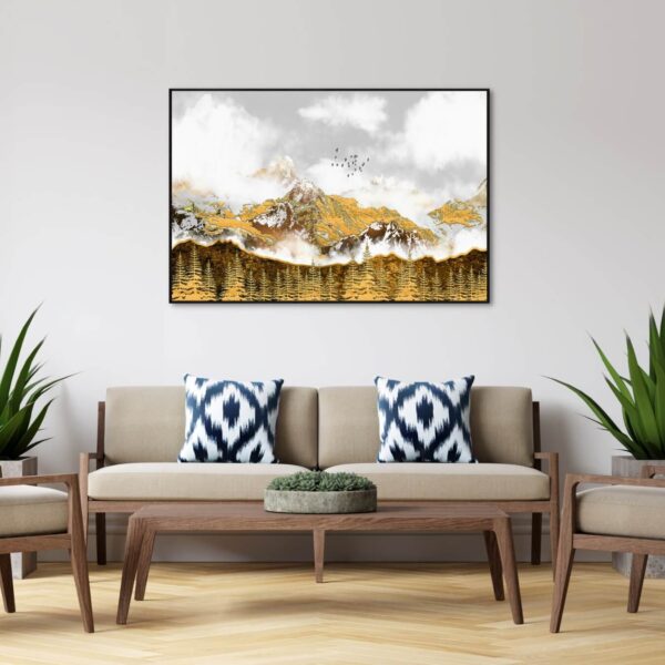 canvas artwork of golden mountains surrounded by golden tress.