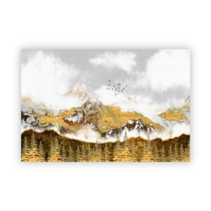 canvas artwork of golden mountains surrounded by golden tress.