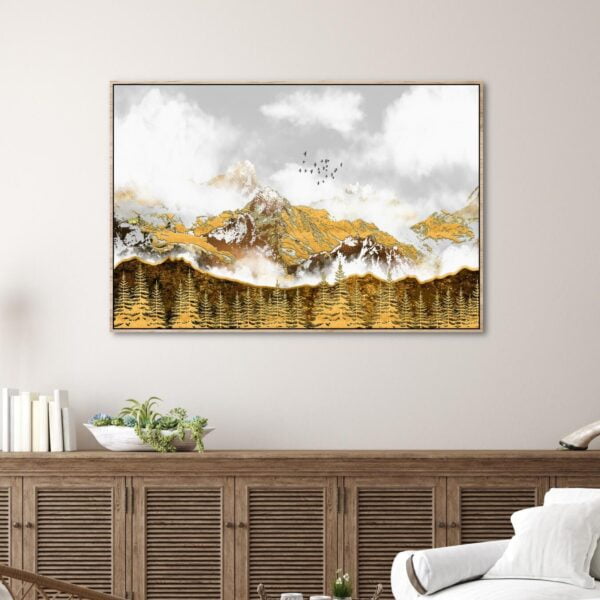 canvas artwork of golden mountains surrounded by golden tress.