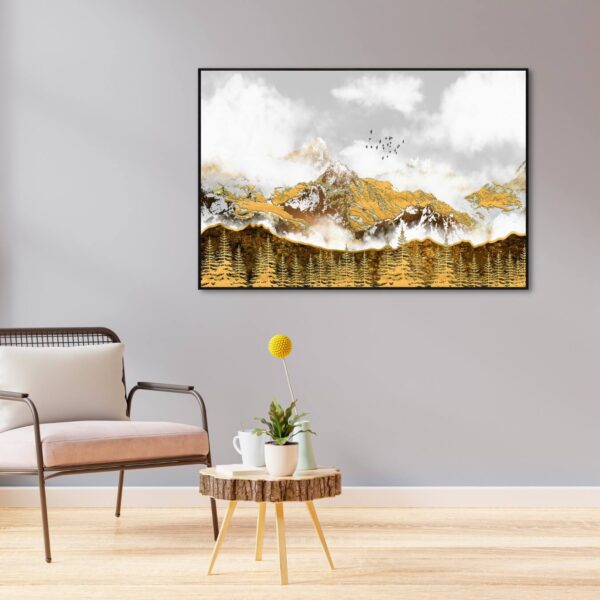 canvas artwork of golden mountains surrounded by golden tress.