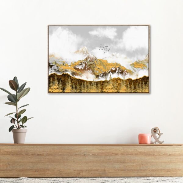 canvas artwork of golden mountains surrounded by golden tress.