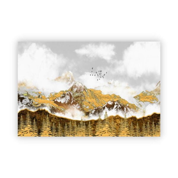 canvas artwork of golden mountains surrounded by golden tress.