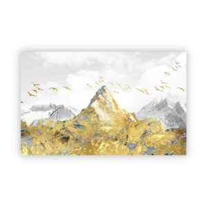 Beautiful canvas artwork of a golden mountain peak with golden birds flying around.