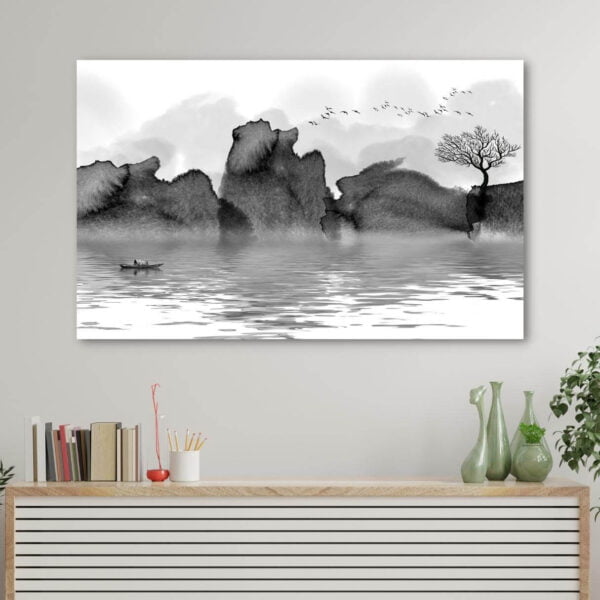 Black and white canvas artwork of landscape painting of mountain and river