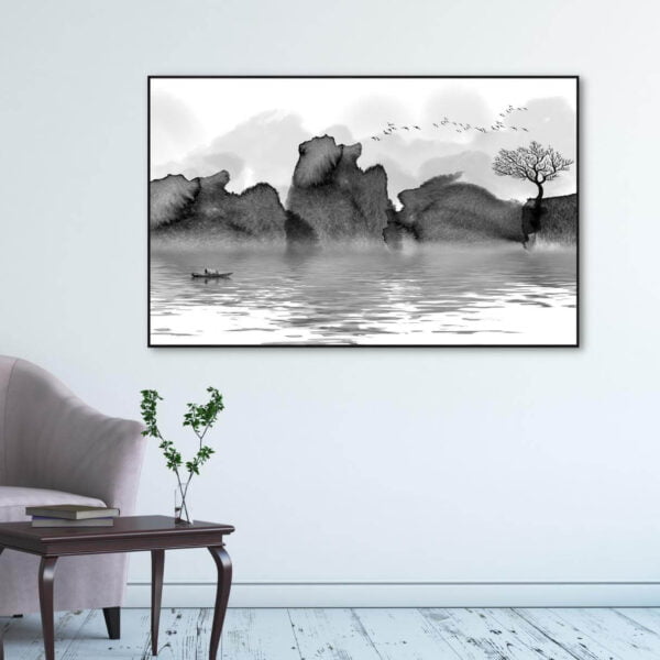 Black and white canvas artwork of landscape painting of mountain and river