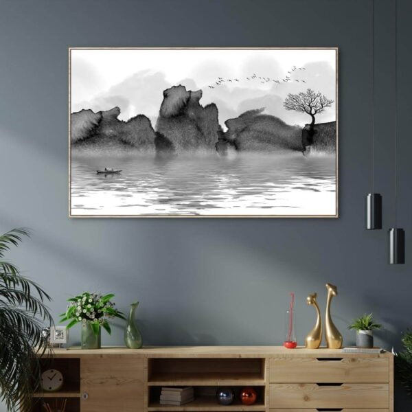 Black and white canvas artwork of landscape painting of mountain and river