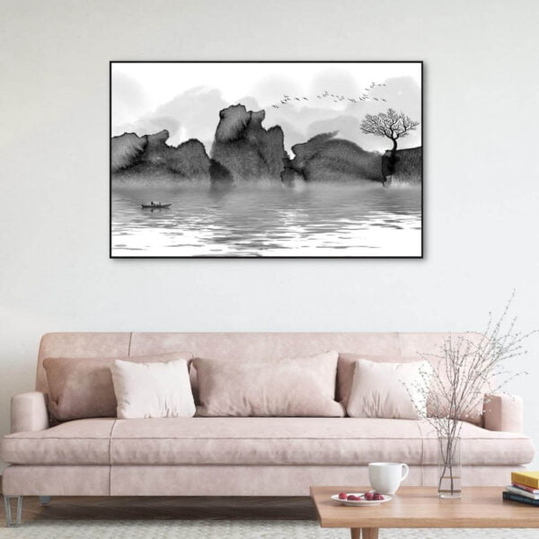 Black and white canvas artwork of landscape painting of mountain and river