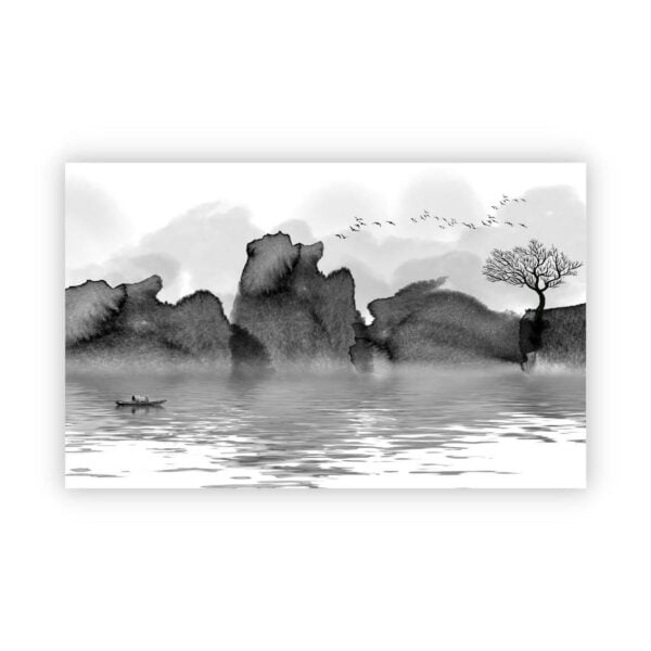 Black and white canvas artwork of landscape painting of mountain and river