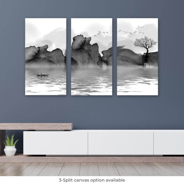 Black and white canvas artwork of landscape painting of mountain and river