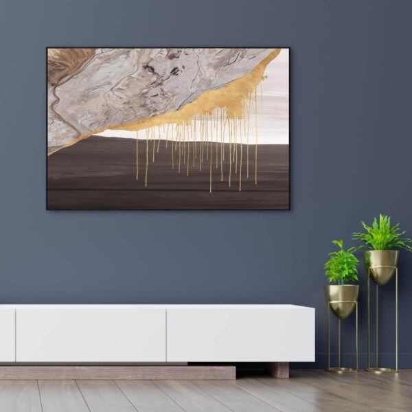 Canvas abstract painting with touch of brown and golden liquid