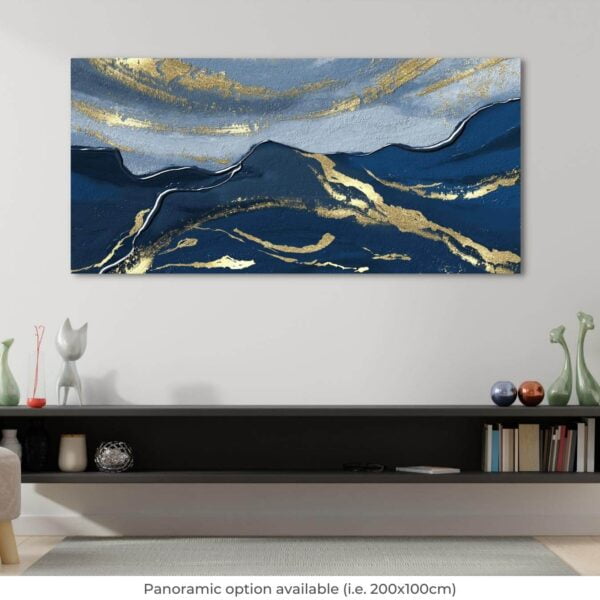 An elegant abstract painting with blue and gold colours on canvas print