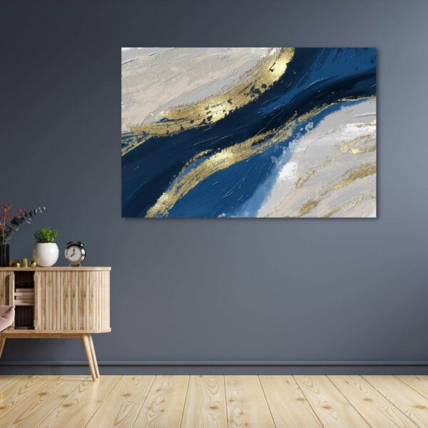 an abstract digital painting with grey, blue and gold colours printed on high quality canvas